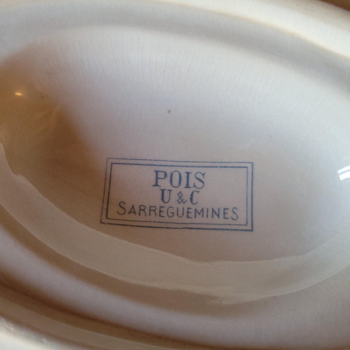 French antique Art Nouveau sauce dish, soft blue + white earthenware c1910 U&C Sarreguemines, France