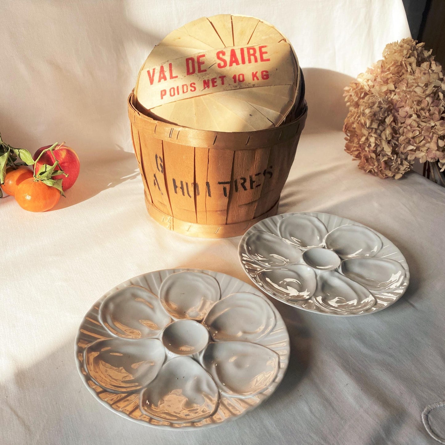 SET 6 oyster plates French vintage porcelaine by Pillivuyt France c1920-1950 in original basket.
