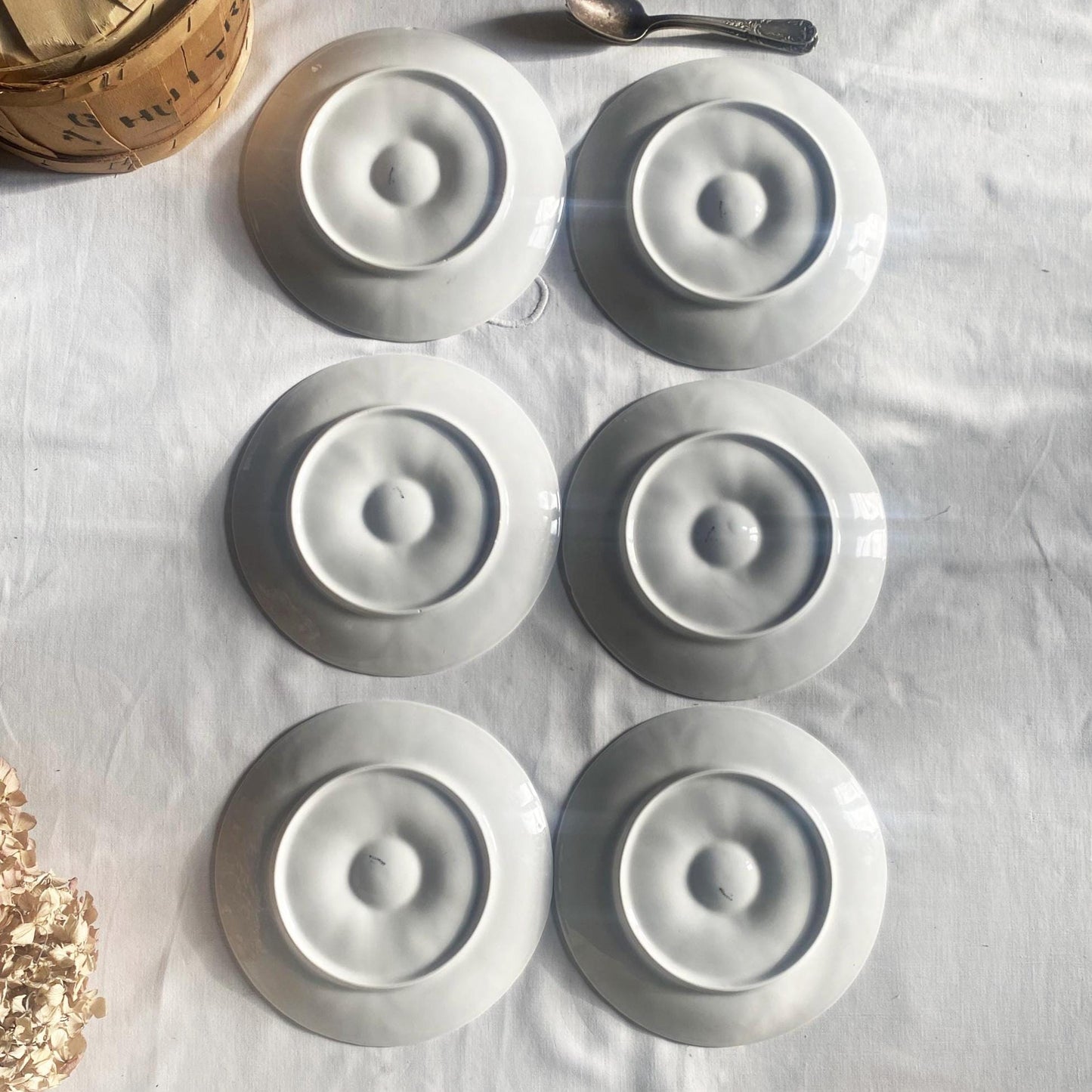SET 6 oyster plates French vintage porcelaine by Pillivuyt France c1920-1950 in original basket.