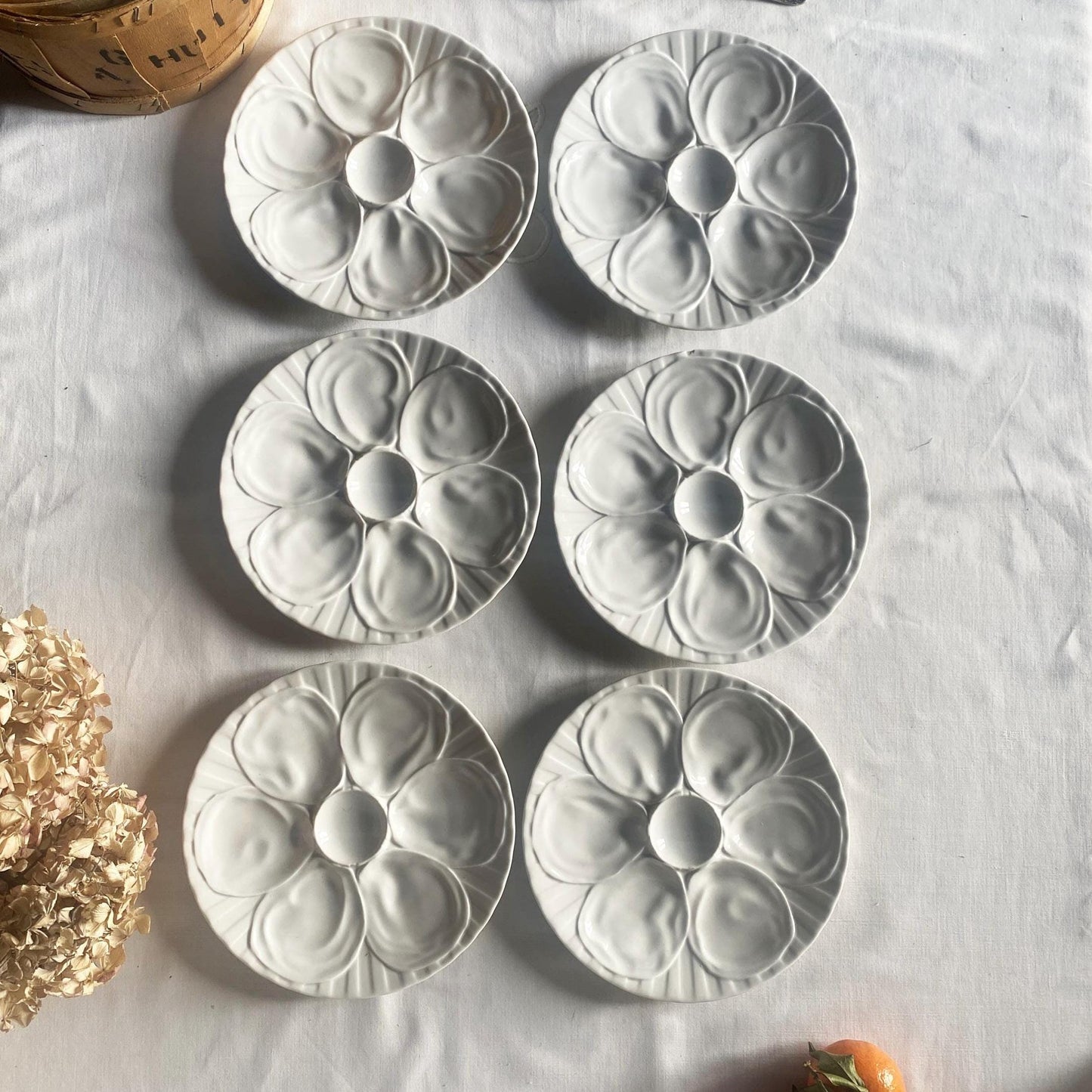 SET 6 oyster plates French vintage porcelaine by Pillivuyt France c1920-1950 in original basket.