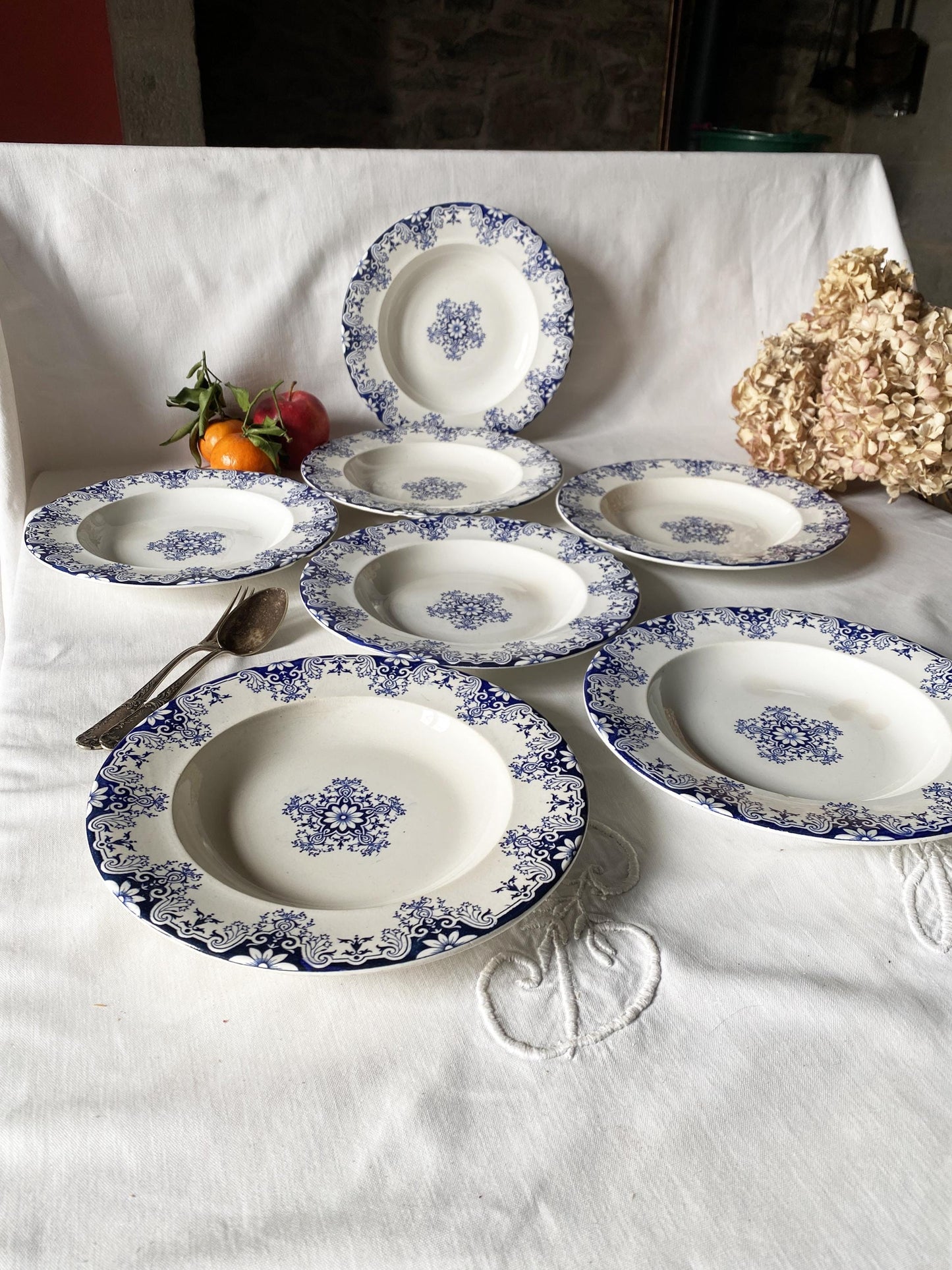 Antique French Ironstone large soup plates: Jules Veillard Blue Transferware, Set of 7