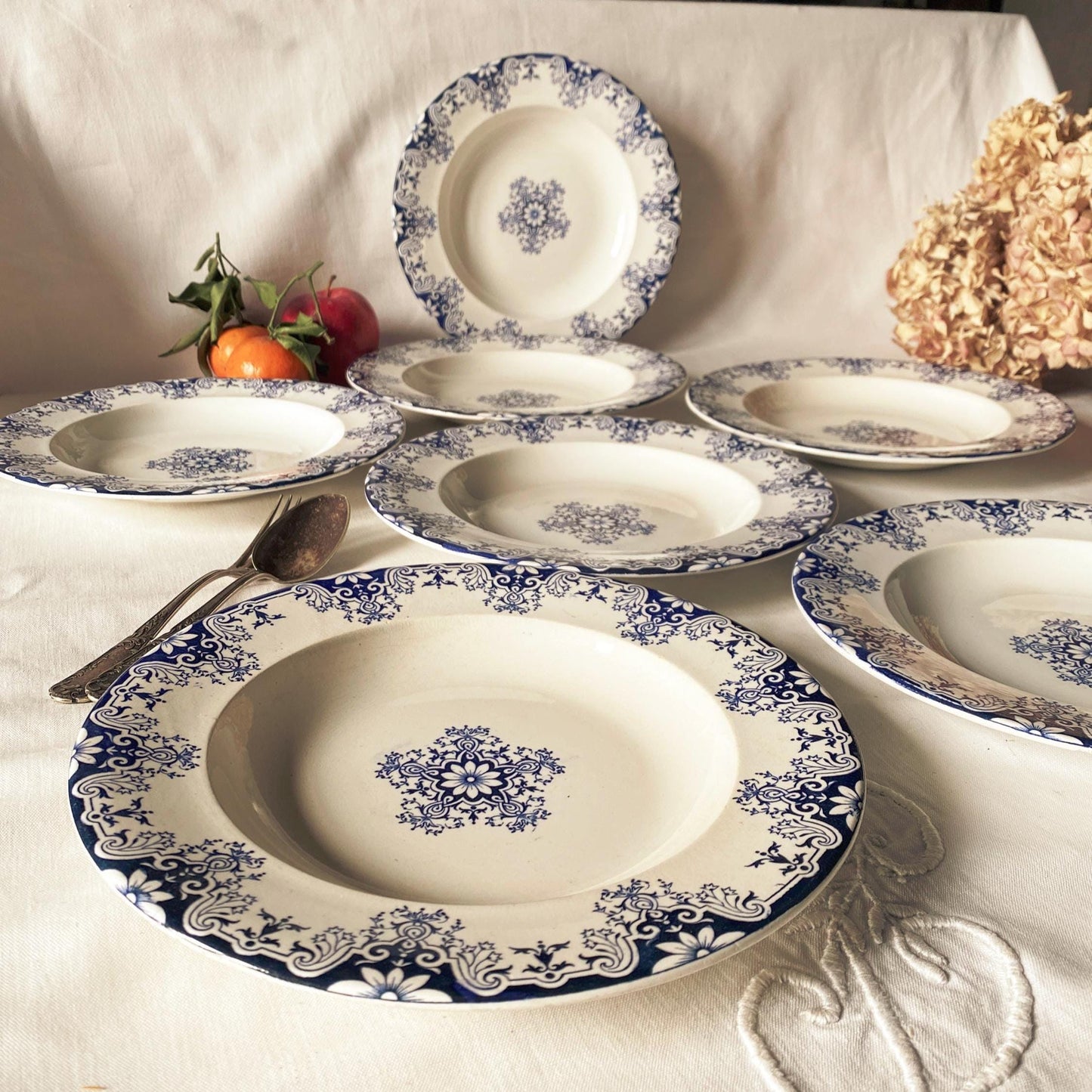 Antique French Ironstone large soup plates: Jules Veillard Blue Transferware, Set of 7