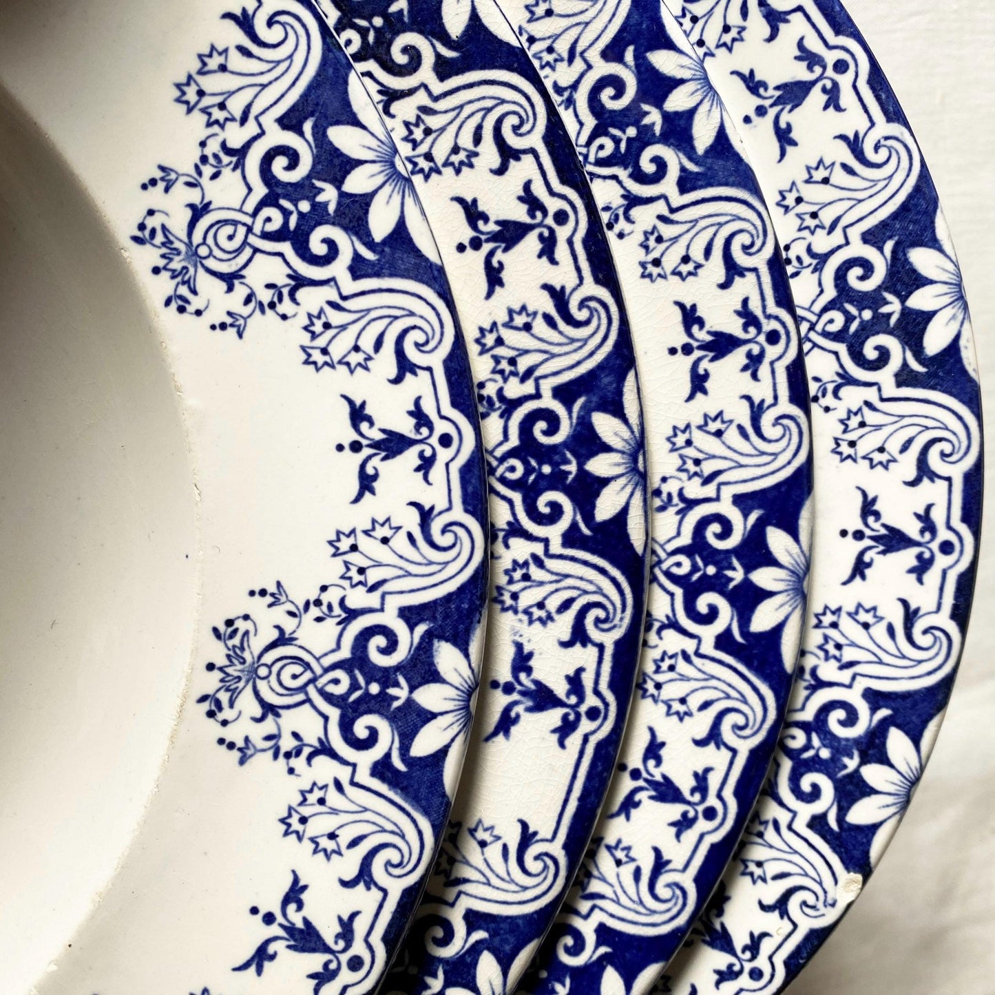 Antique French Ironstone large soup plates: Jules Veillard Blue Transferware, Set of 7