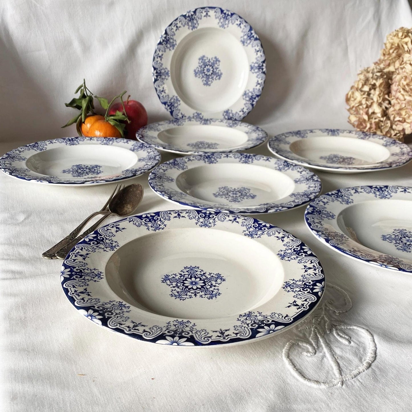 Antique French Ironstone large soup plates: Jules Veillard Blue Transferware, Set of 7