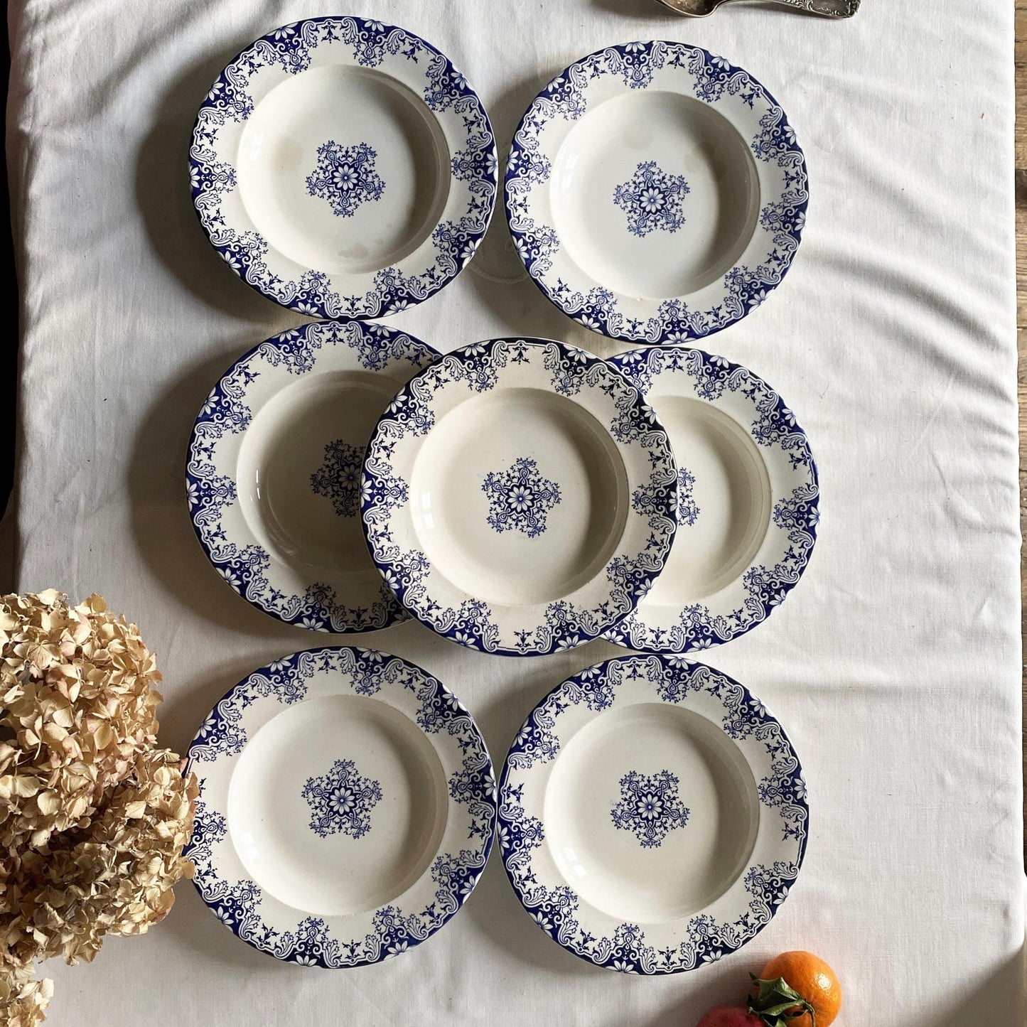 Antique French Ironstone large soup plates: Jules Veillard Blue Transferware, Set of 7
