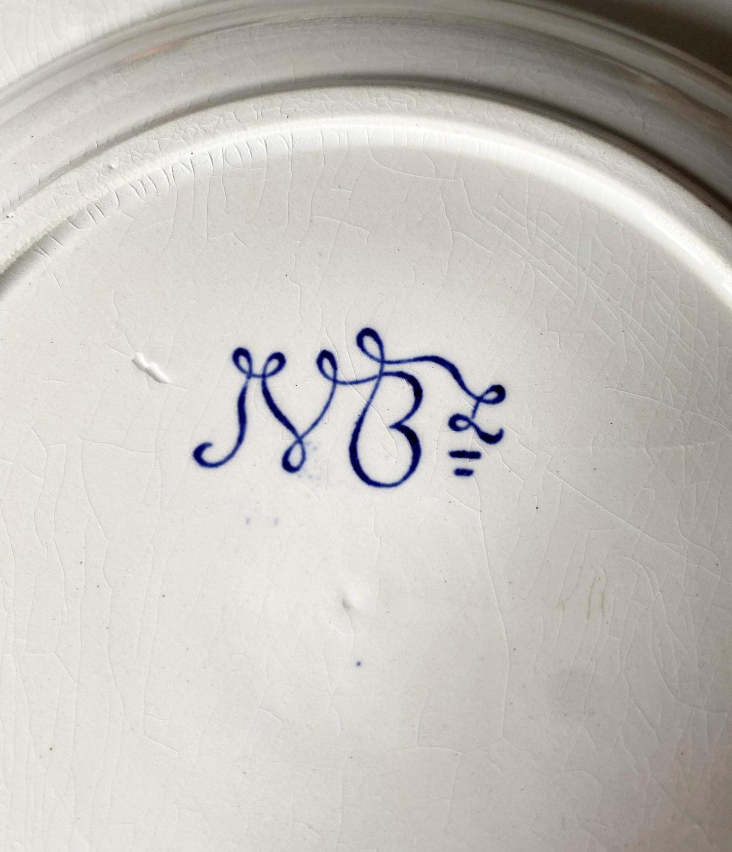 Antique French Ironstone large soup plates: Jules Veillard Blue Transferware, Set of 7