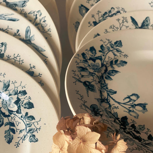 Antique Butterflies & Floral Dinner Service: French Blue Transferware, 10-Place Setting