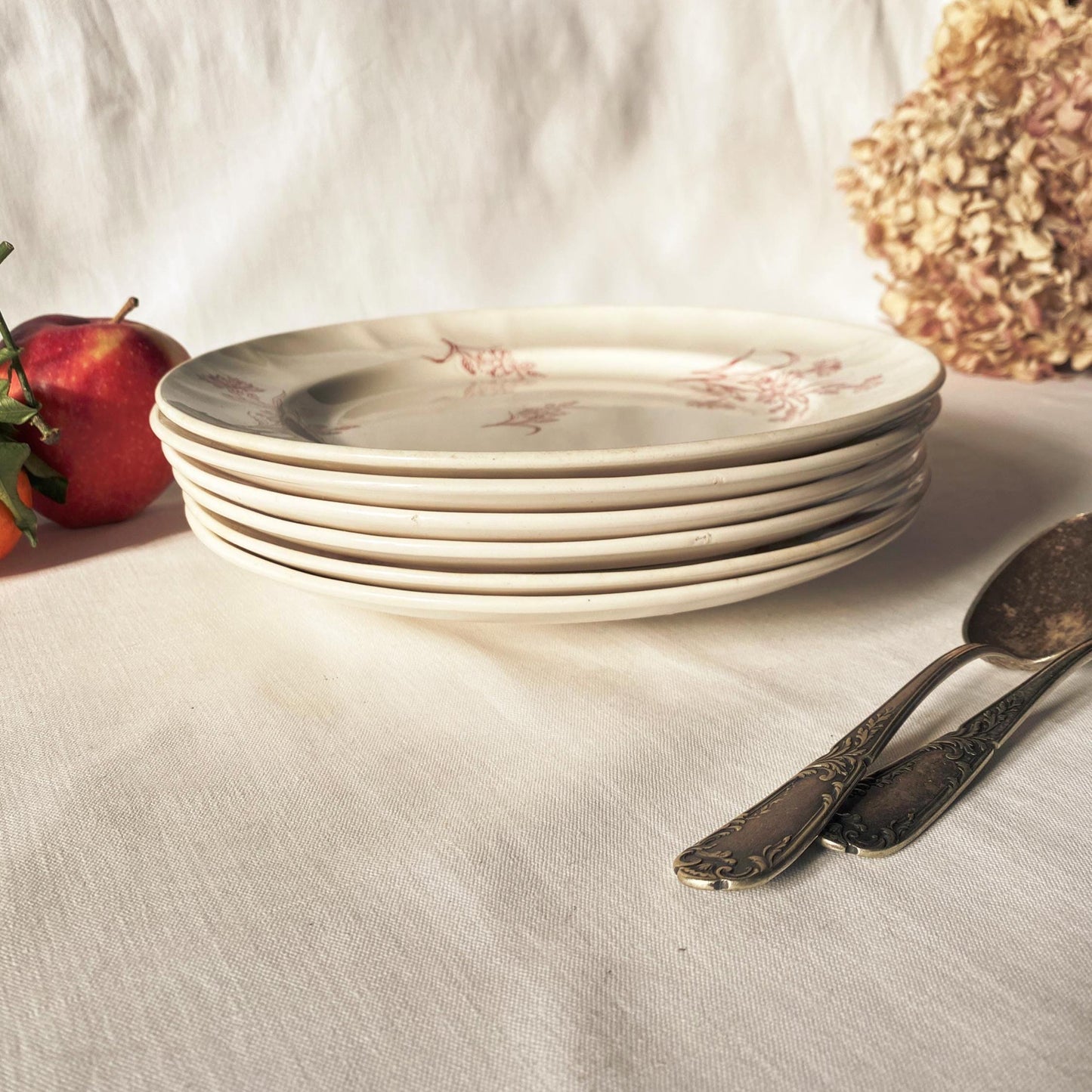 Set 6 Antique Longwy France Dinner plates, Bluets Pattern, rose Pink Transferware