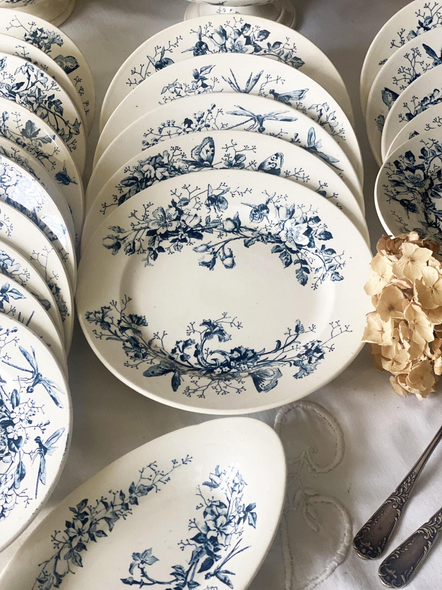 Antique Butterflies & Floral Dinner Service: French Blue Transferware, 10-Place Setting
