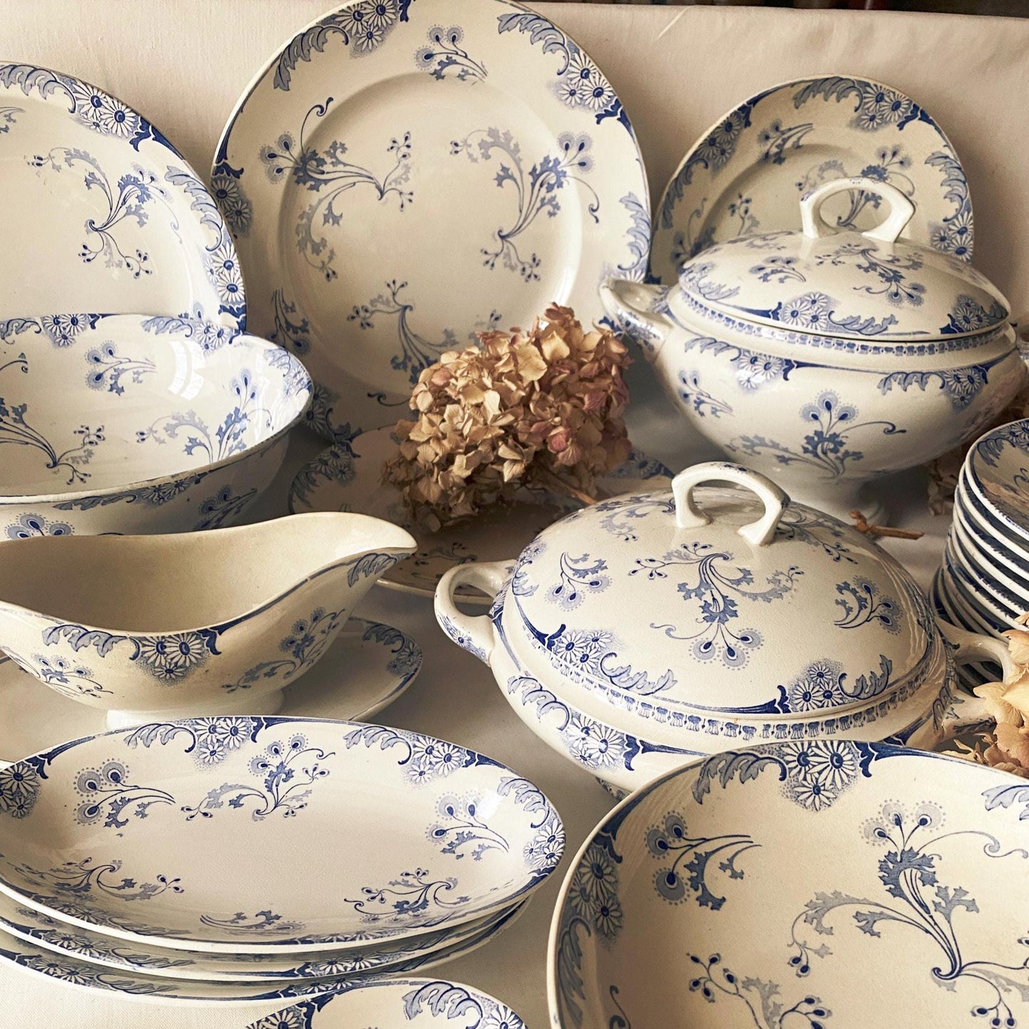 Antique Dinner Service, Luneville France 24/12-Place Dinner Service, 'Marie-Louise' Pattern, 51pc Blue Transferware
