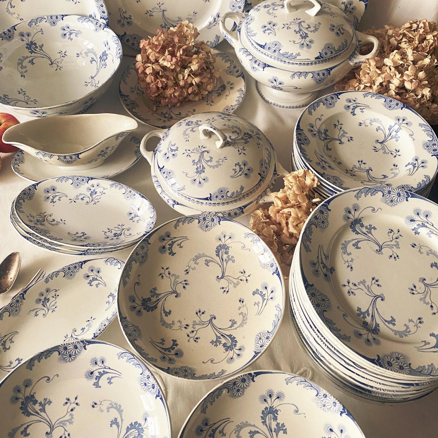 Antique Dinner Service, Luneville France 24/12-Place Dinner Service, 'Marie-Louise' Pattern, 51pc Blue Transferware