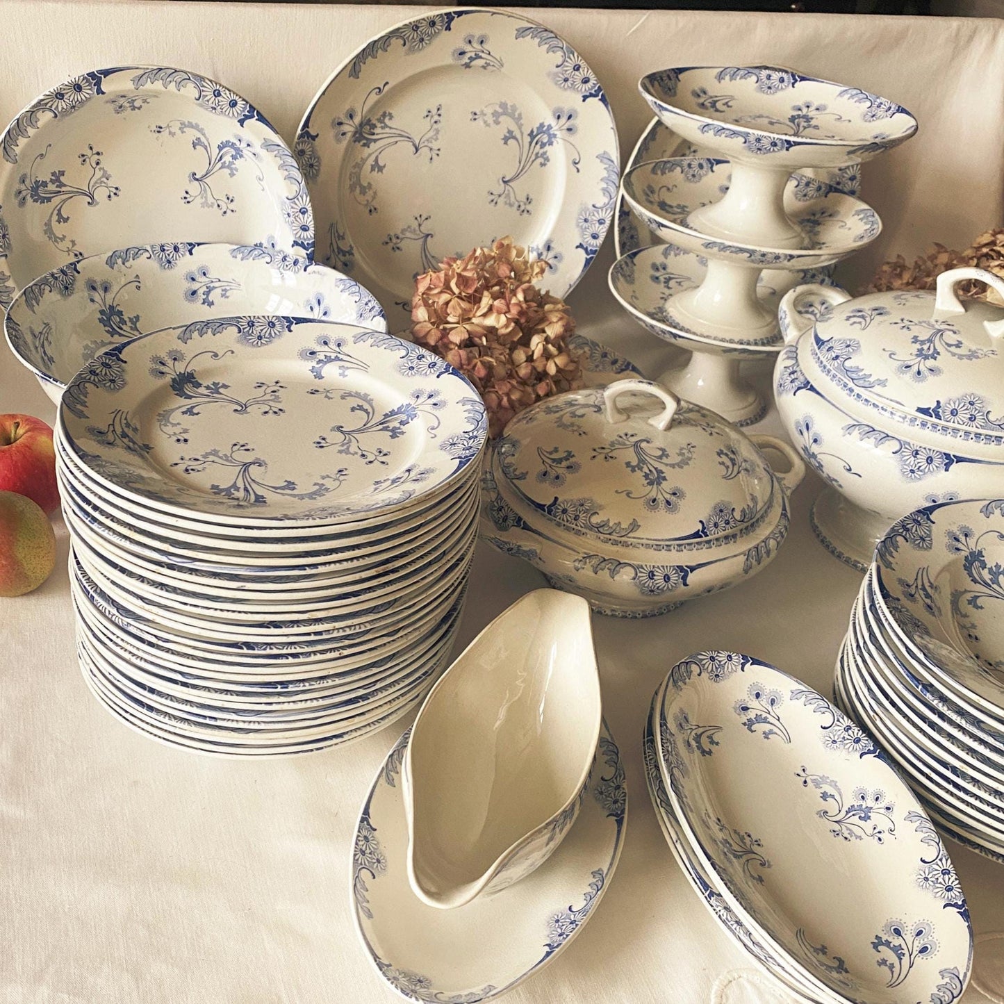 Antique Dinner Service, Luneville France 24/12-Place Dinner Service, 'Marie-Louise' Pattern, 51pc Blue Transferware