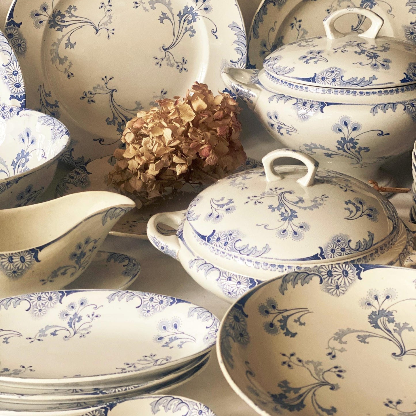 Antique Dinner Service, Luneville France 24/12-Place Dinner Service, 'Marie-Louise' Pattern, 51pc Blue Transferware