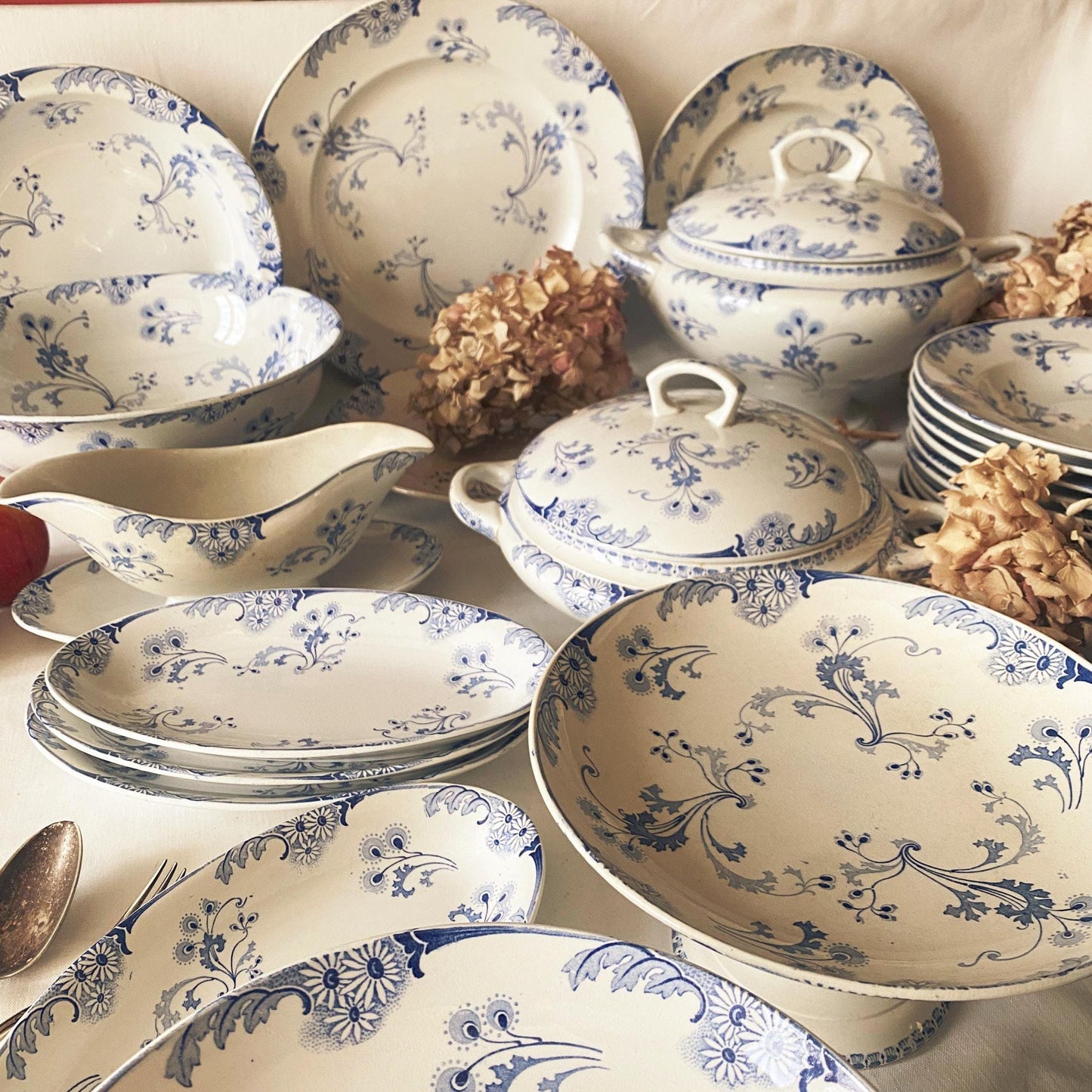 Antique Dinner Service, Luneville France 24/12-Place Dinner Service, 'Marie-Louise' Pattern, 51pc Blue Transferware