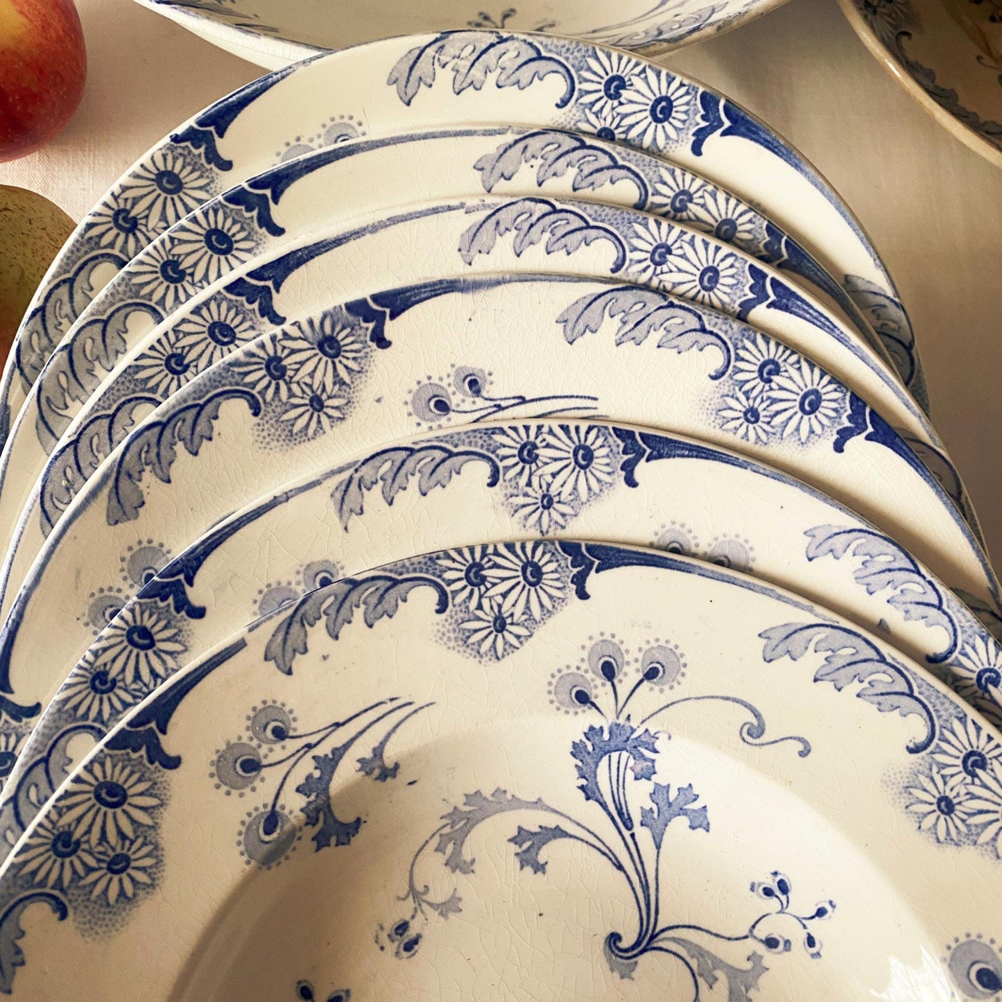 Antique Dinner Service, Luneville France 24/12-Place Dinner Service, 'Marie-Louise' Pattern, 51pc Blue Transferware