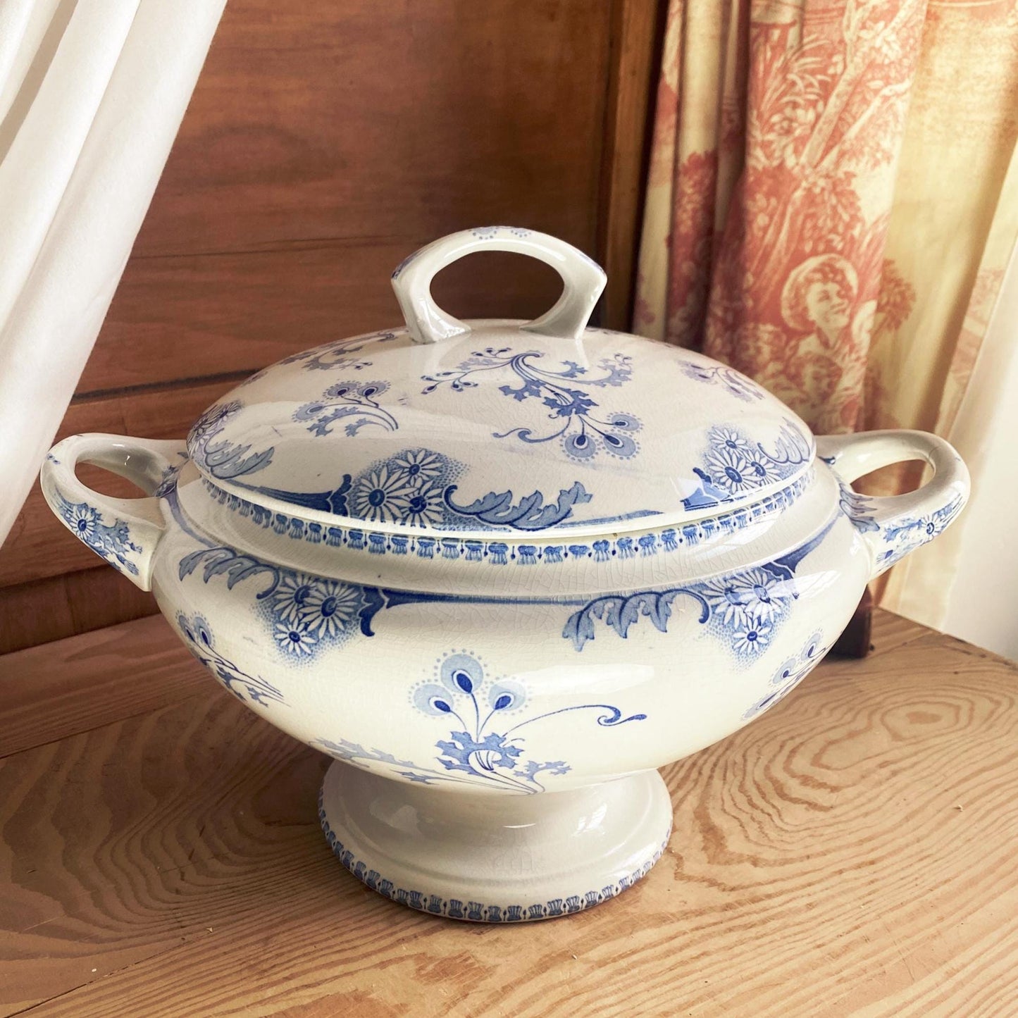 Antique Dinner Service, Luneville France 24/12-Place Dinner Service, 'Marie-Louise' Pattern, 51pc Blue Transferware