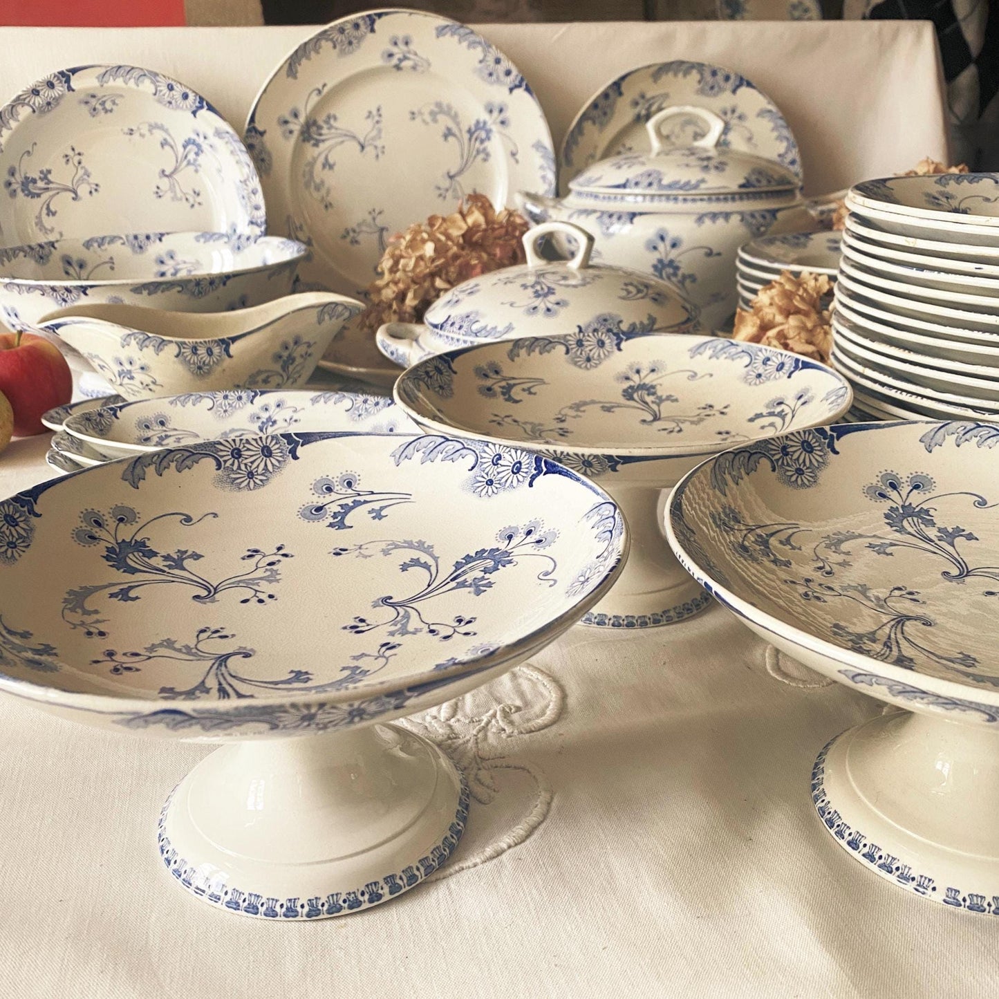 Antique Dinner Service, Luneville France 24/12-Place Dinner Service, 'Marie-Louise' Pattern, 51pc Blue Transferware