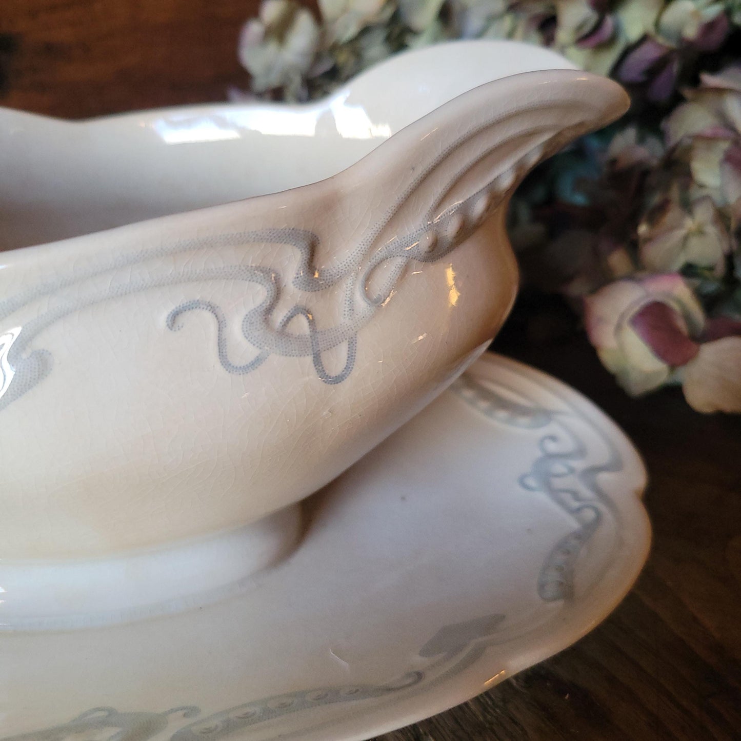 French antique Art Nouveau sauce dish, soft blue + white earthenware c1910 U&C Sarreguemines, France