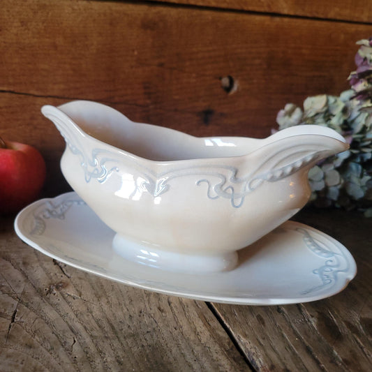 French antique Art Nouveau sauce dish, soft blue + white earthenware c1910 U&C Sarreguemines, France