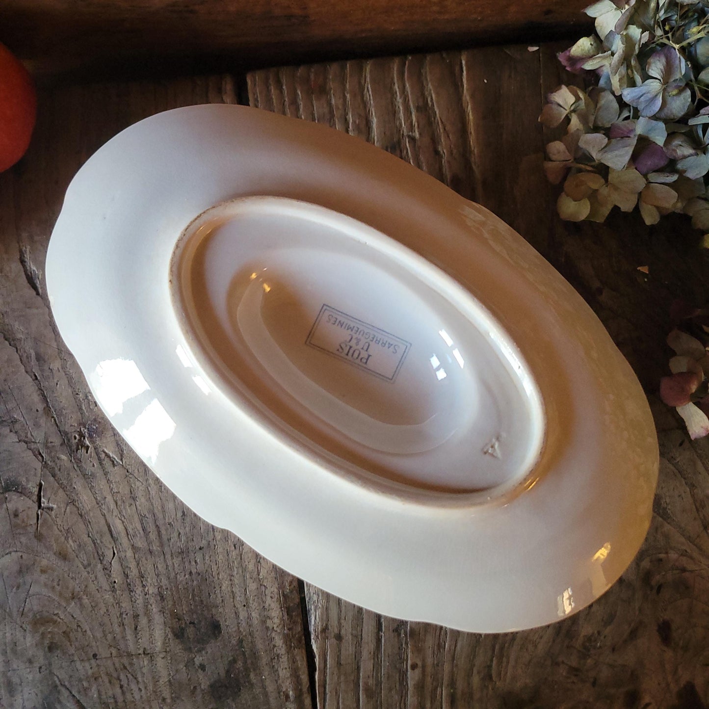 French antique Art Nouveau sauce dish, soft blue + white earthenware c1910 U&C Sarreguemines, France