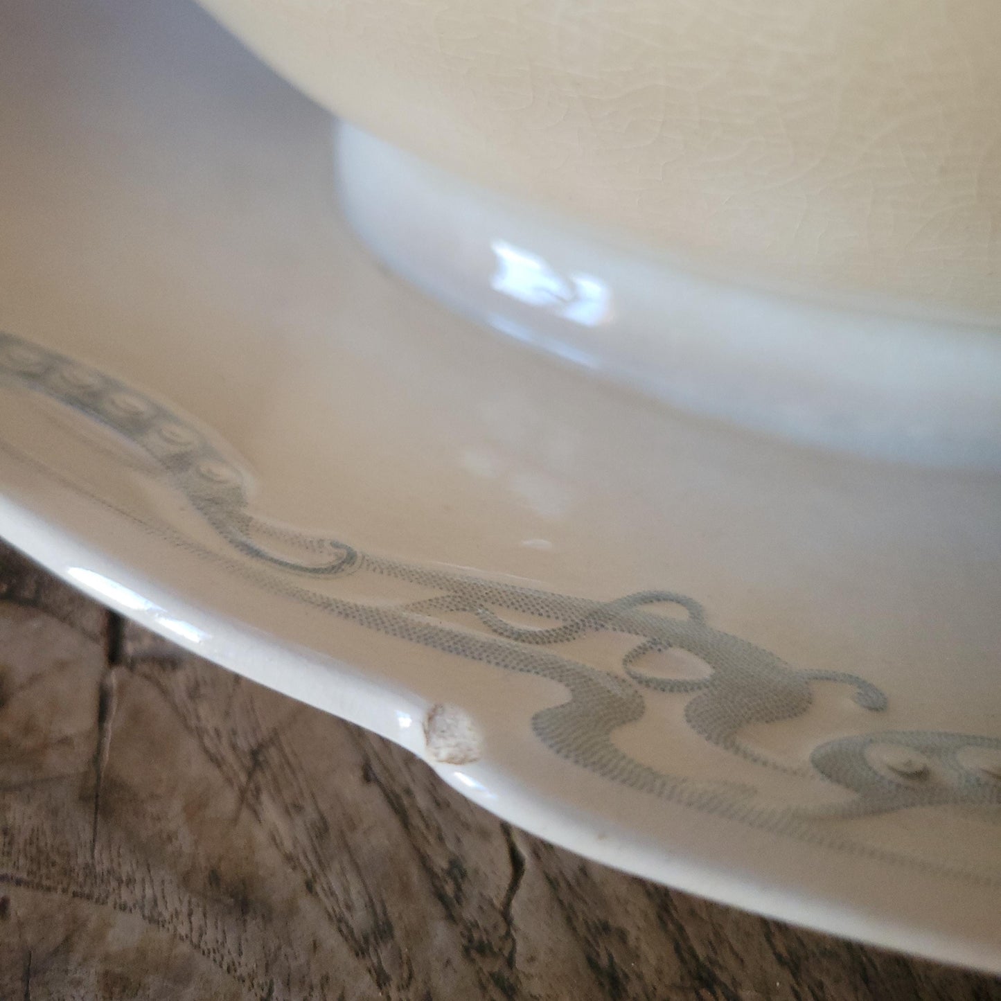French antique Art Nouveau sauce dish, soft blue + white earthenware c1910 U&C Sarreguemines, France