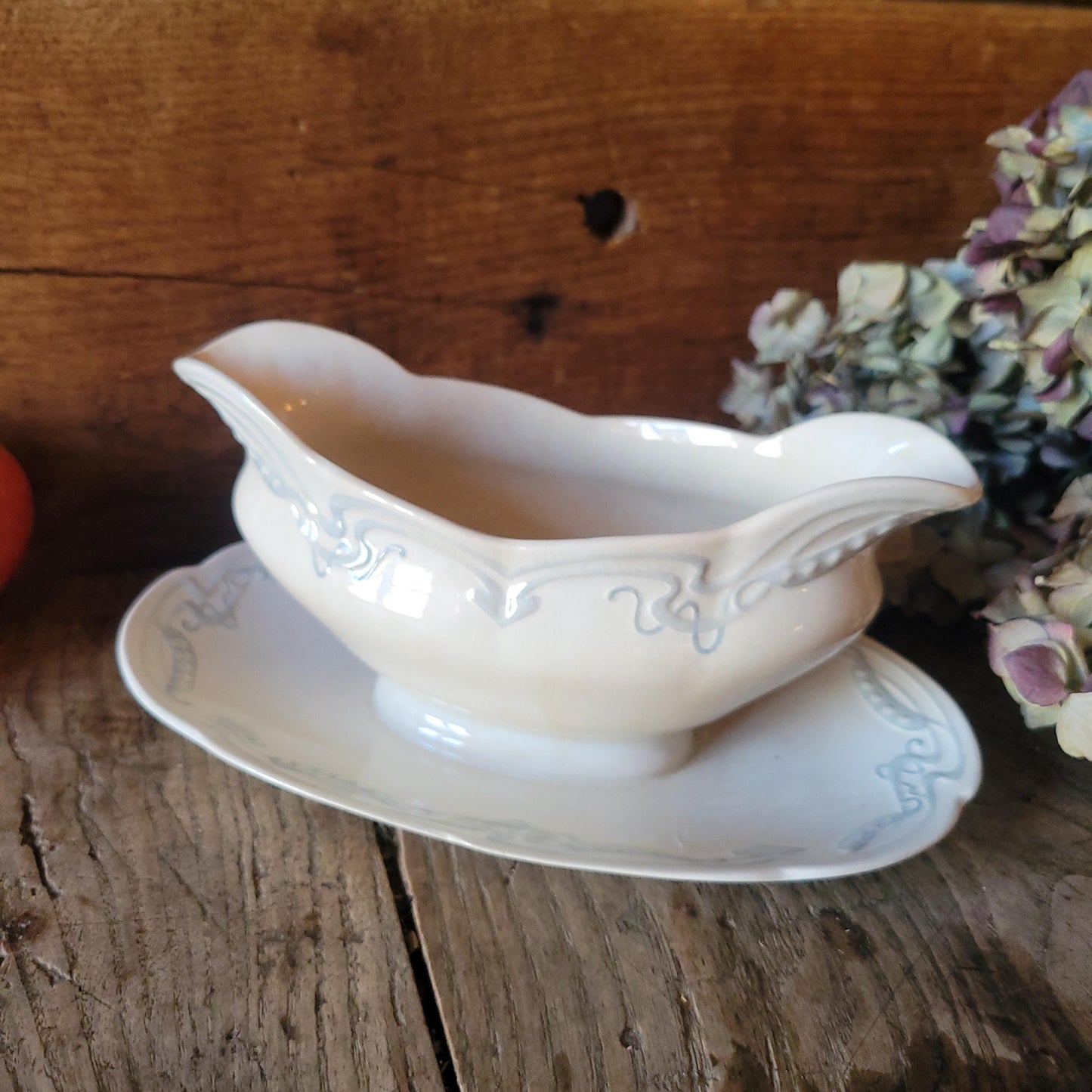 French antique Art Nouveau sauce dish, soft blue + white earthenware c1910 U&C Sarreguemines, France