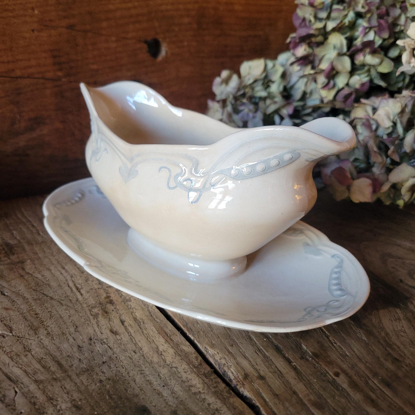 French antique Art Nouveau sauce dish, soft blue + white earthenware c1910 U&C Sarreguemines, France