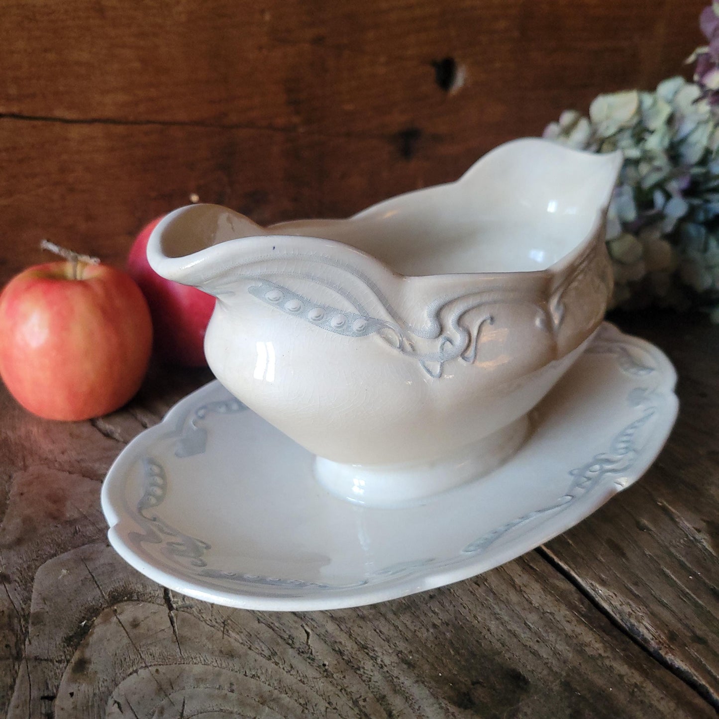 French antique Art Nouveau sauce dish, soft blue + white earthenware c1910 U&C Sarreguemines, France
