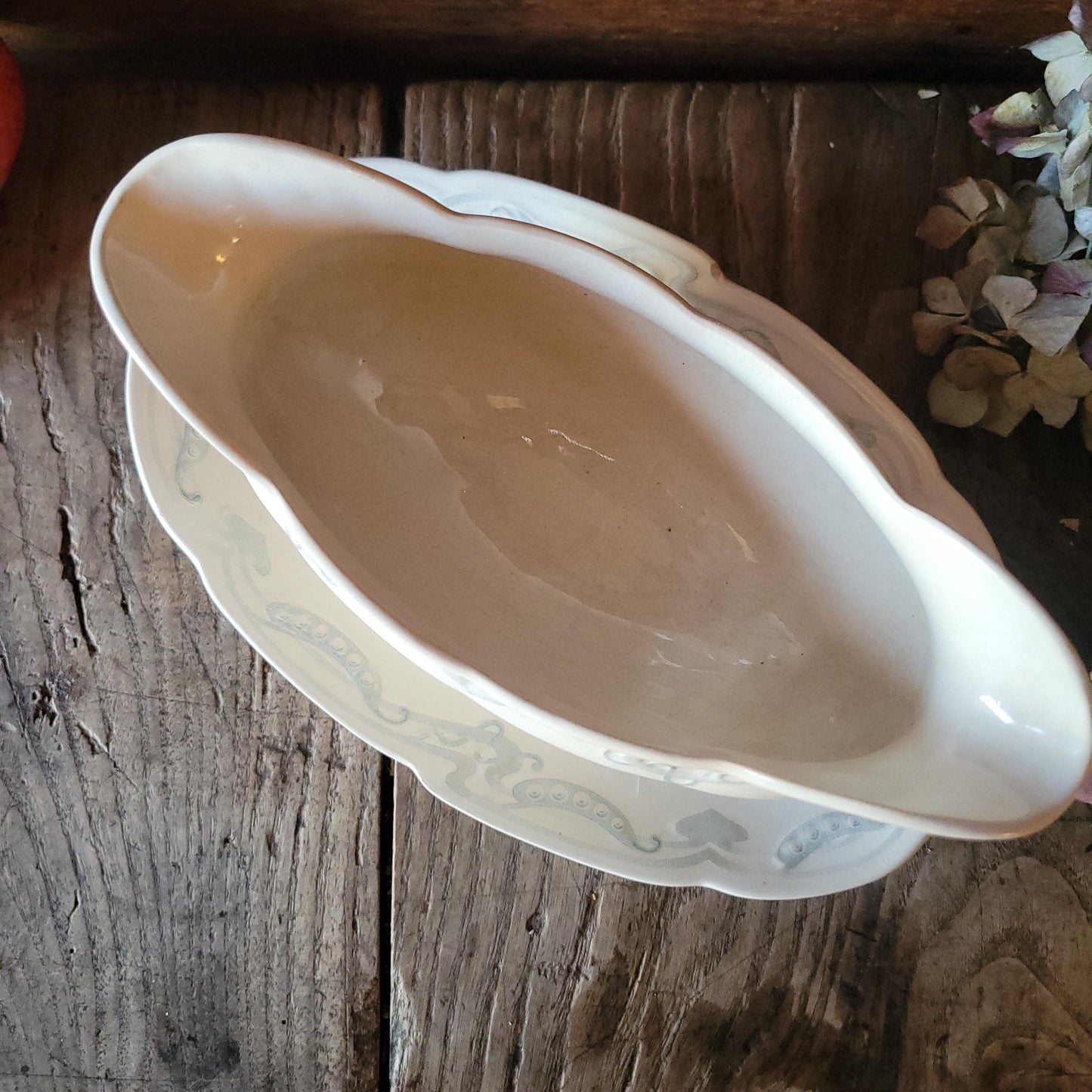 French antique Art Nouveau sauce dish, soft blue + white earthenware c1910 U&C Sarreguemines, France