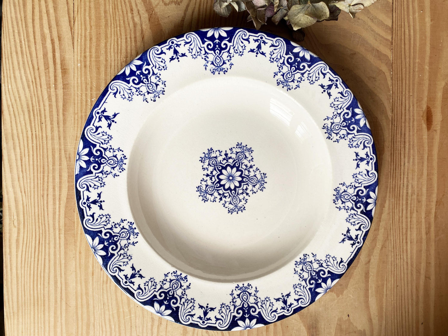 Antique French Ironstone large soup plates: Jules Veillard Blue Transferware, Set of 7