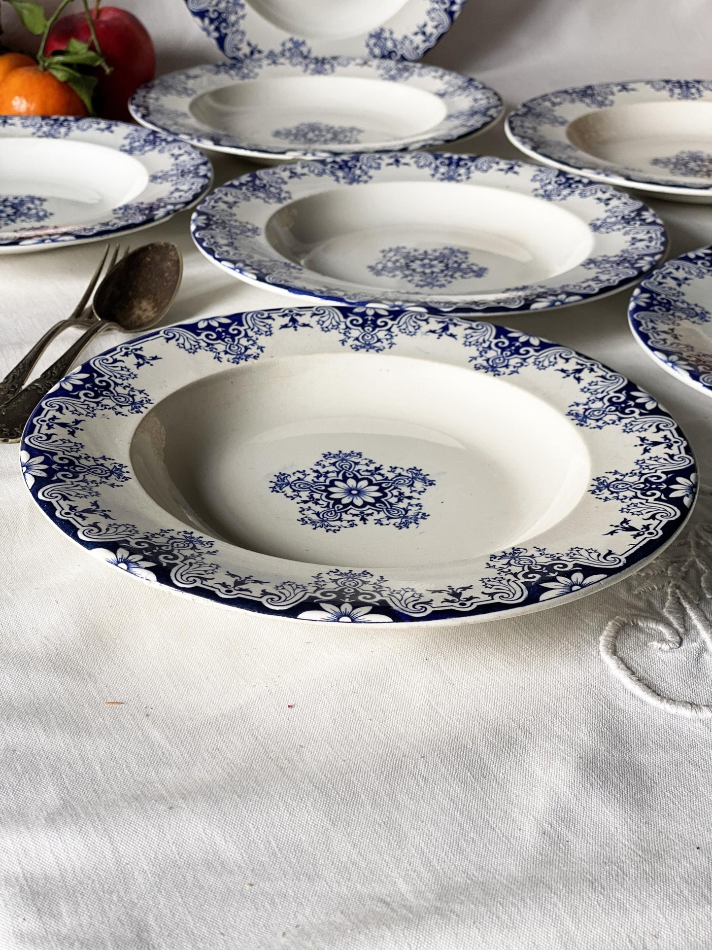 Antique French Ironstone large soup plates: Jules Veillard Blue Transferware, Set of 7