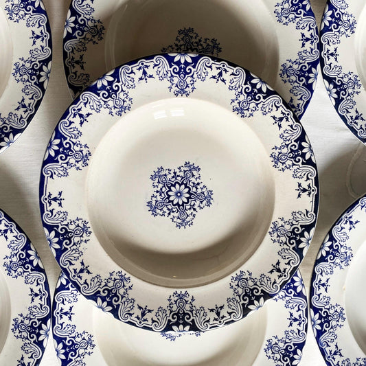 SET 7 Shabby Antique French Blue Ironstone large soup plates: Jules Veillard, Bordeaux Transferware
