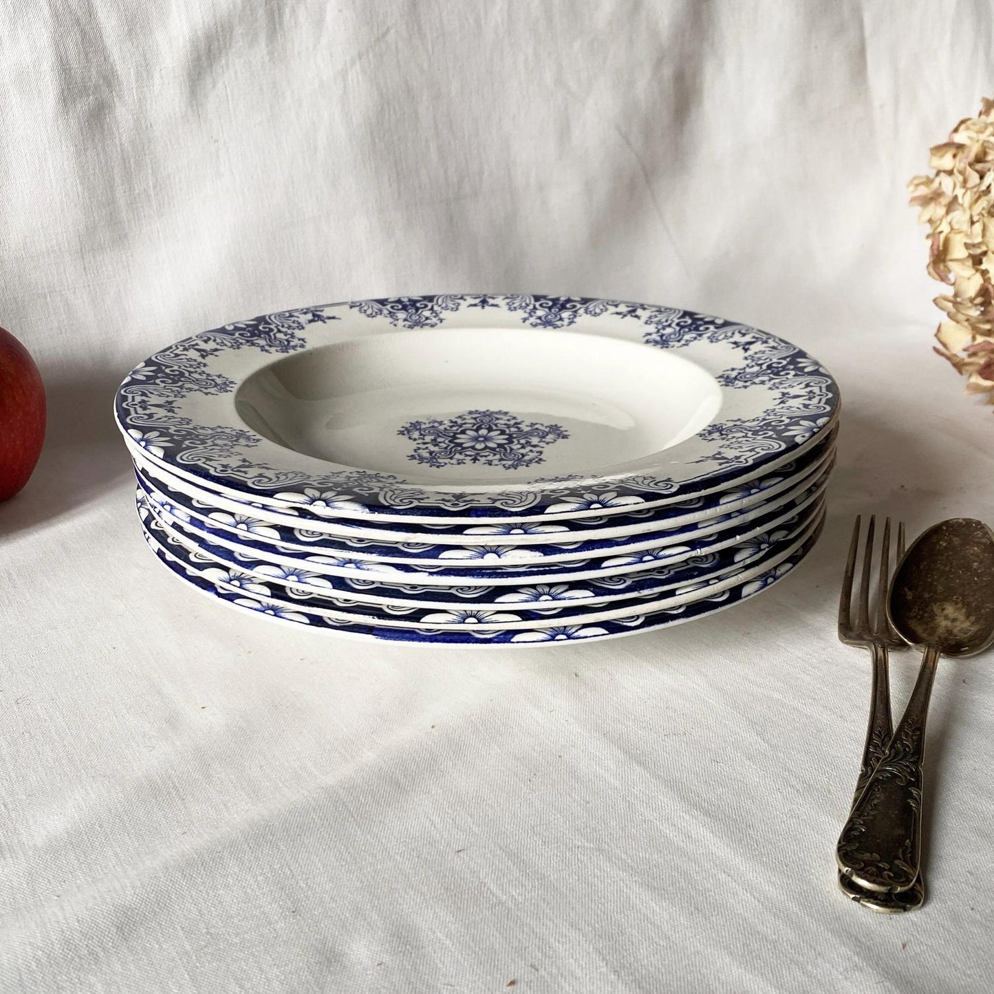 Antique French Ironstone large soup plates: Jules Veillard Blue Transferware, Set of 7