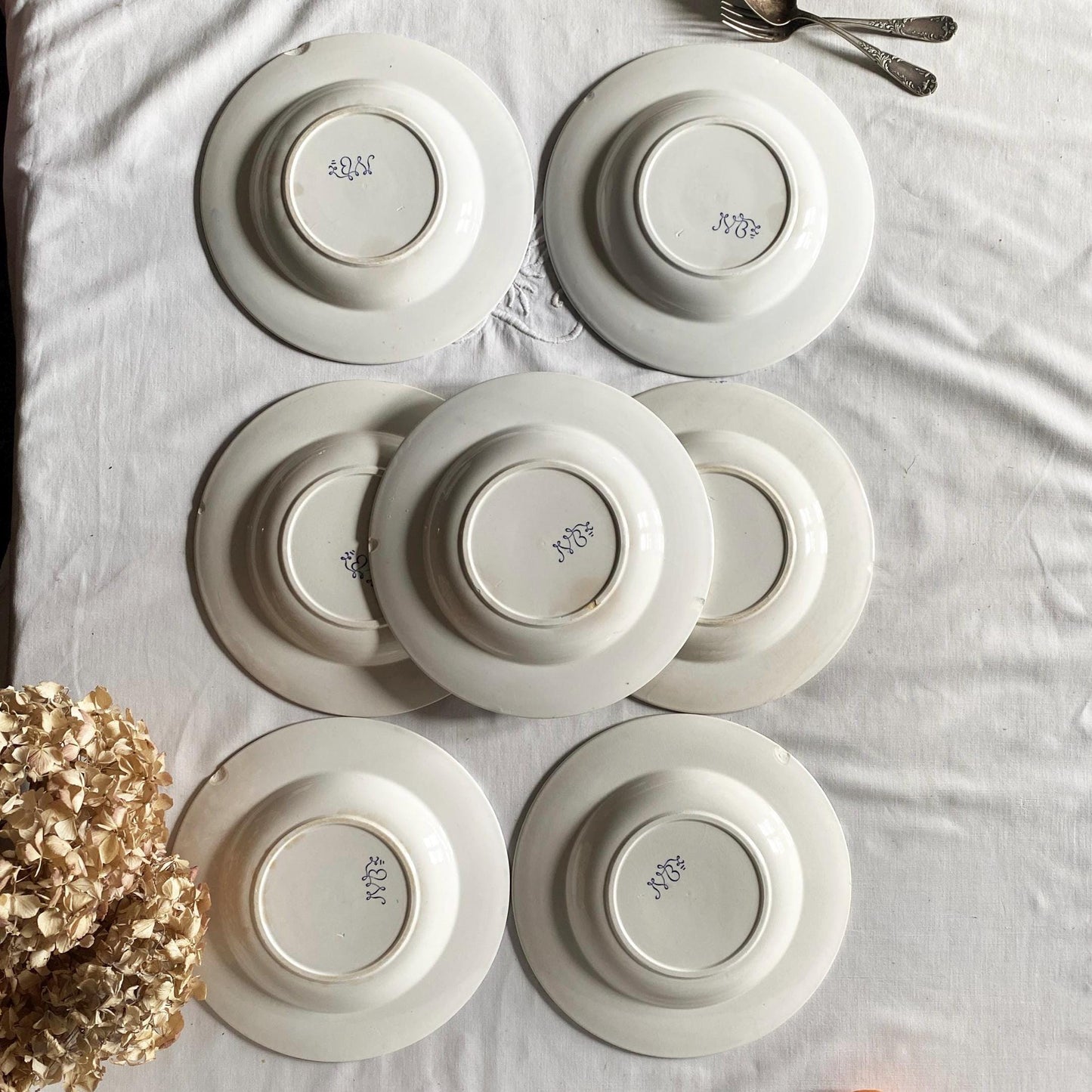Antique French Ironstone large soup plates: Jules Veillard Blue Transferware, Set of 7