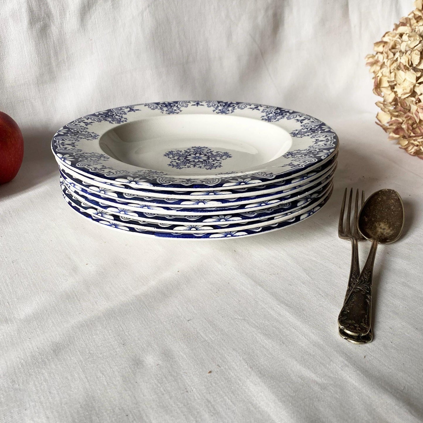 Antique French Ironstone large soup plates: Jules Veillard Blue Transferware, Set of 7
