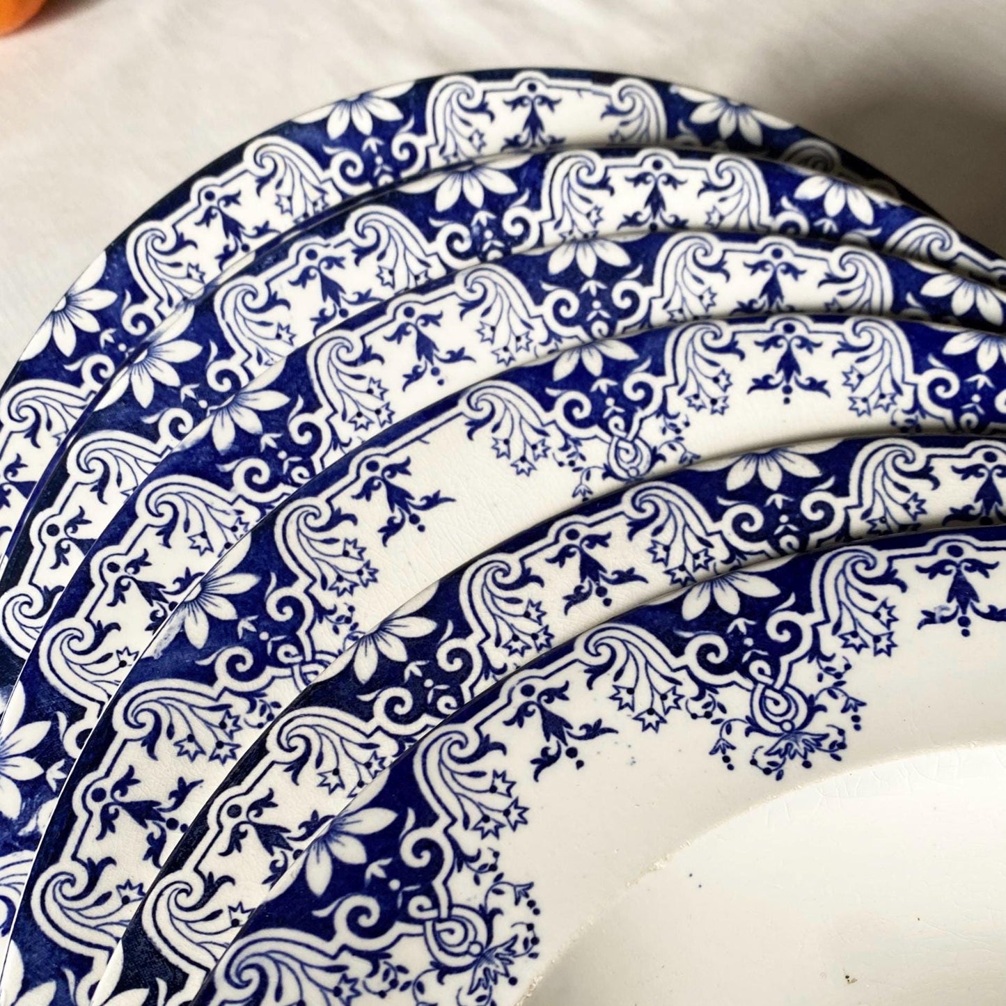 Antique French Ironstone large soup plates: Jules Veillard Blue Transferware, Set of 7