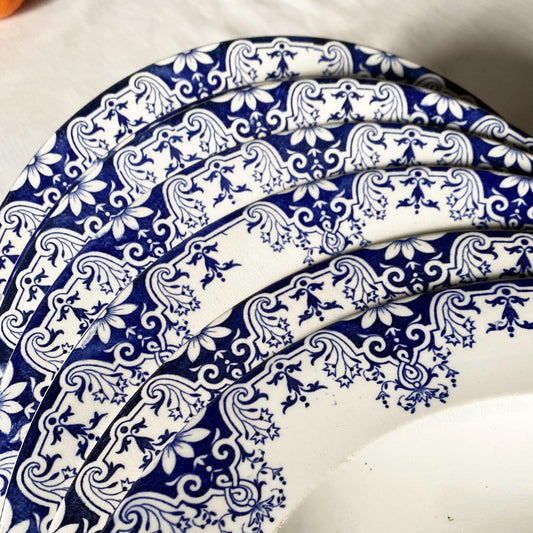 Antique French Ironstone large soup plates: Jules Veillard Blue Transferware, Set of 7