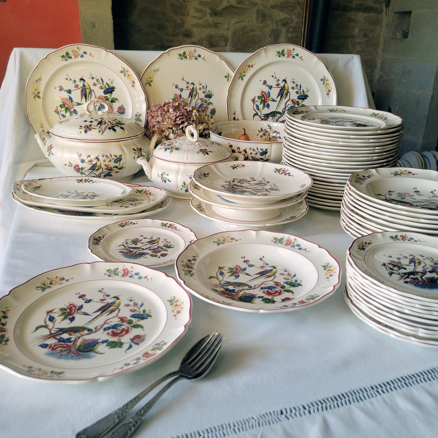 Vintage Villeroy & Boch 12-24 Place Dinner Service, Phoenix Bird Floral Design, 60pc
