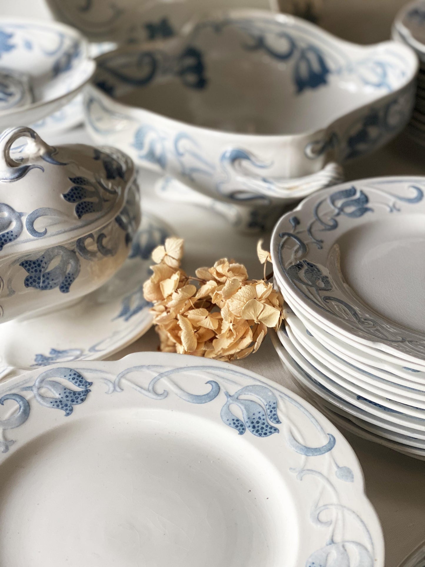 Antique French Sarreguemines 12-place Dinner Service, Art Nouveau Blue Floral, 47 pc Set
