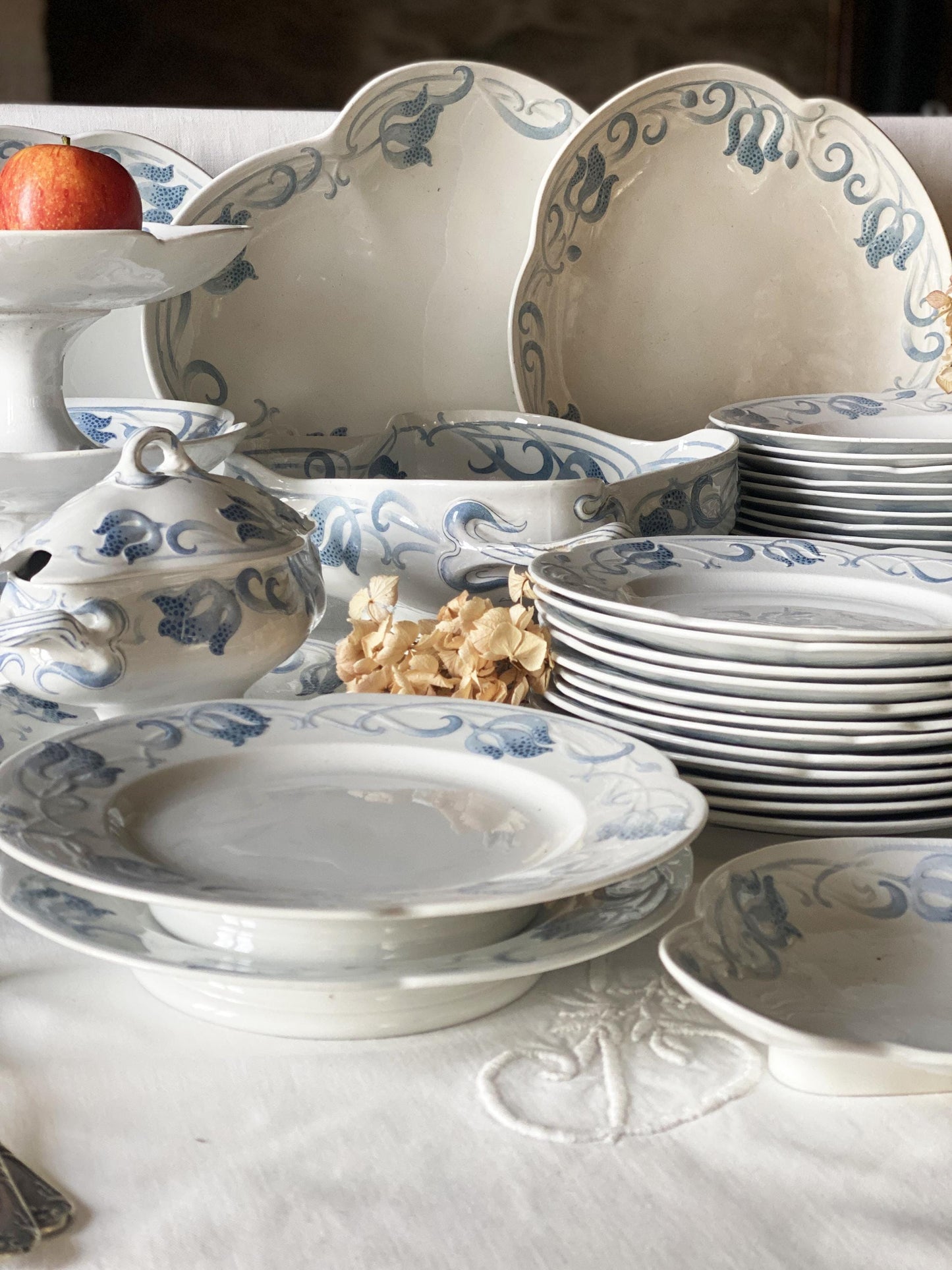 Antique French Sarreguemines 12-place Dinner Service, Art Nouveau Blue Floral, 47 pc Set