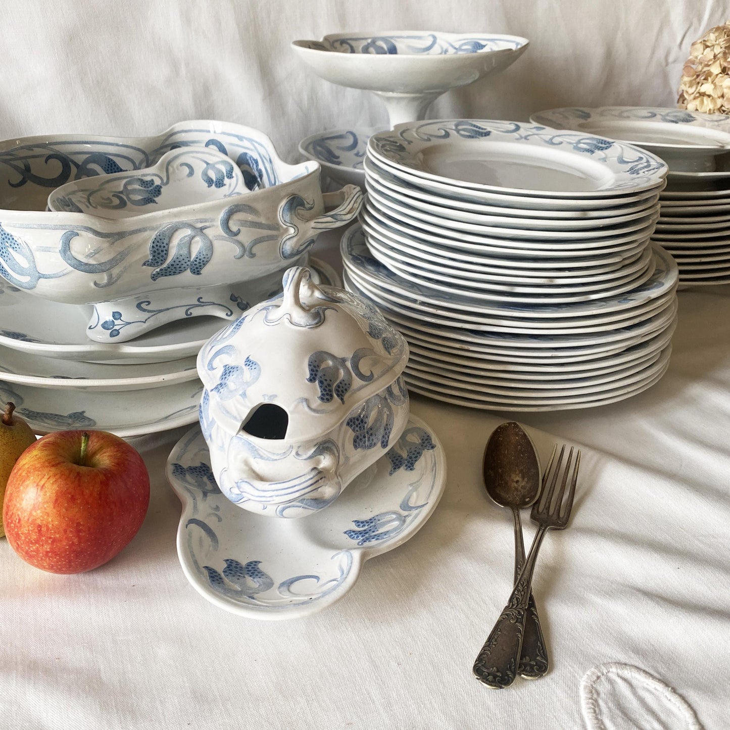 Antique French Sarreguemines 12-place Dinner Service, Art Nouveau Blue Floral, 47 pc Set