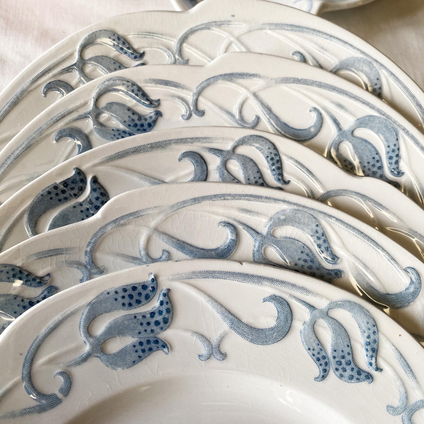 Antique French Sarreguemines 12-place Dinner Service, Art Nouveau Blue Floral, 47 pc Set