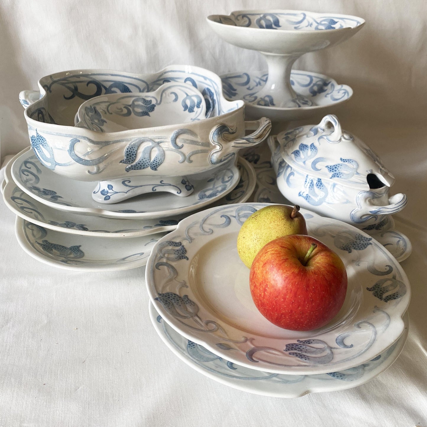 Antique French Sarreguemines 12-place Dinner Service, Art Nouveau Blue Floral, 47 pc Set