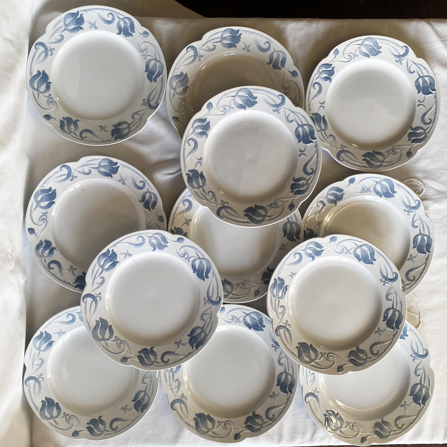 Antique French Sarreguemines 12-place Dinner Service, Art Nouveau Blue Floral, 47 pc Set