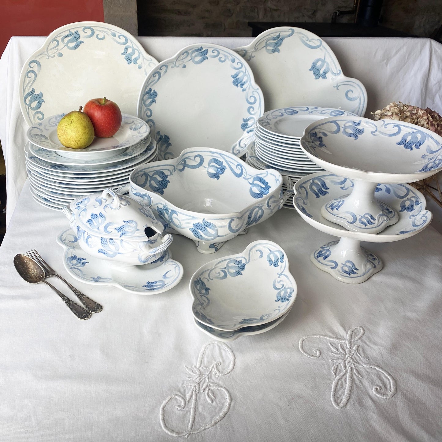 Antique French Sarreguemines 12-place Dinner Service, Art Nouveau Blue Floral, 47 pc Set