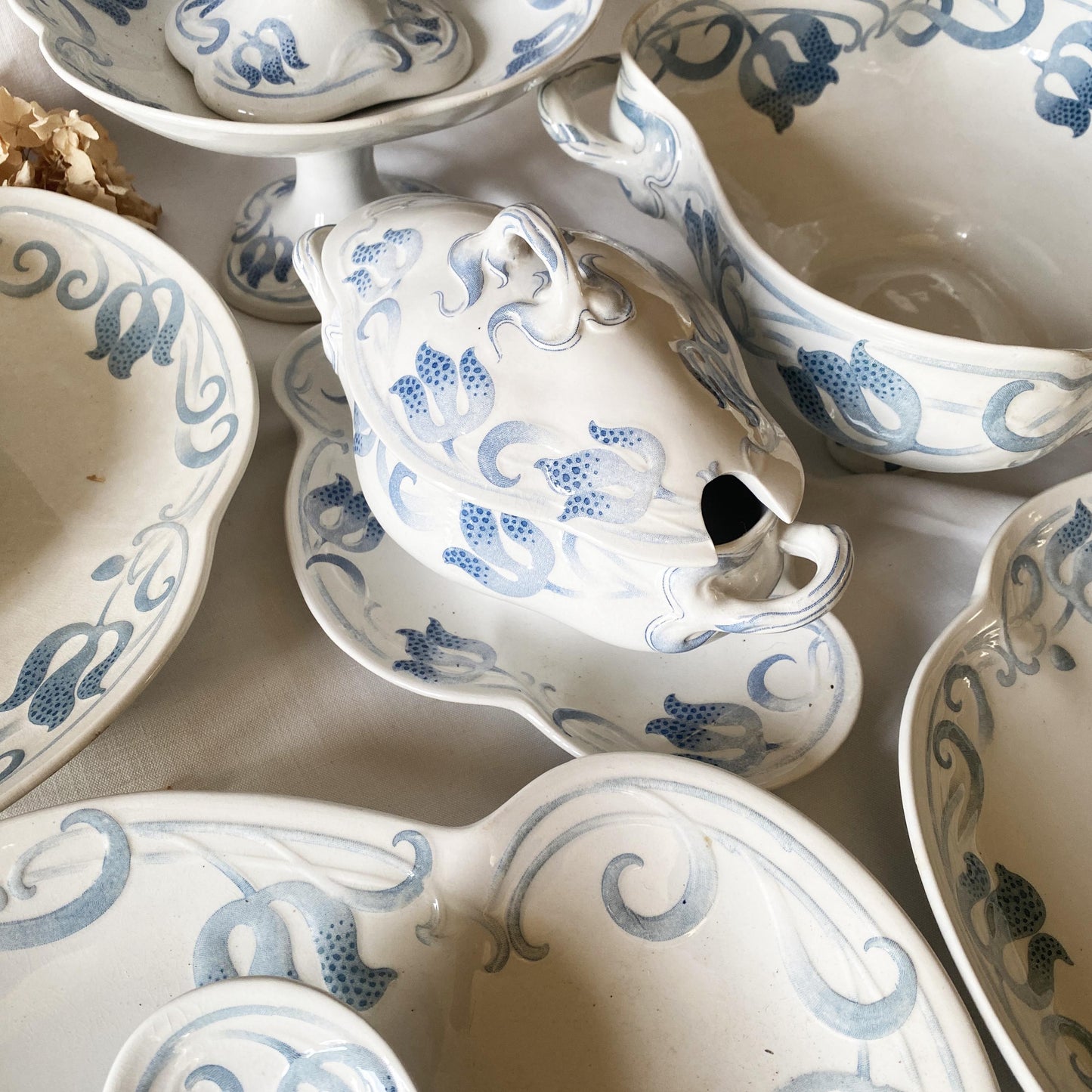 Antique French Sarreguemines 12-place Dinner Service, Art Nouveau Blue Floral, 47 pc Set