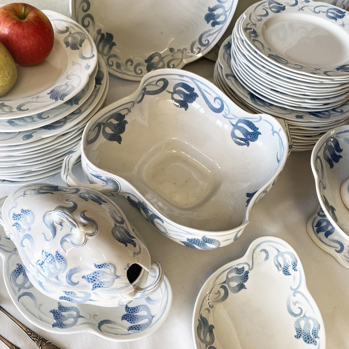 Antique French Sarreguemines 12-place Dinner Service, Art Nouveau Blue Floral, 47 pc Set