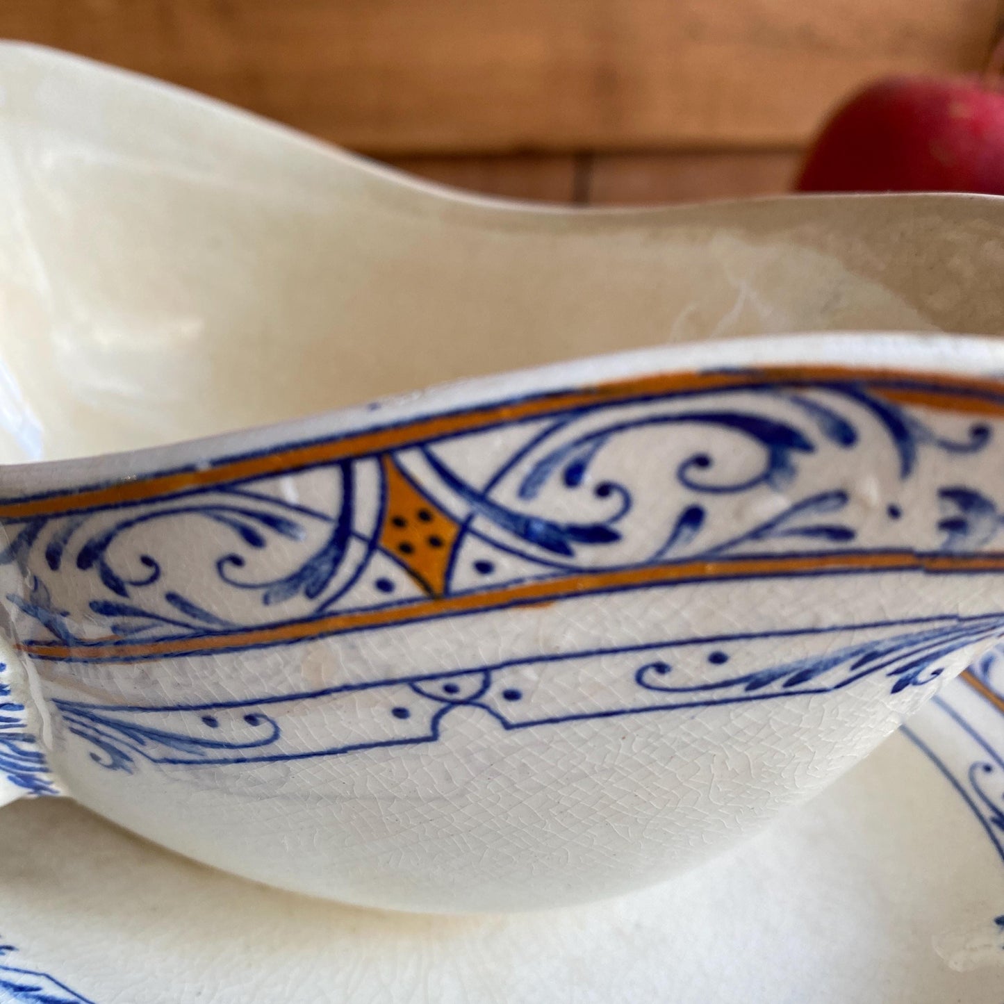 Creil Montereau Antique Ironstone Sauciere, Lion Head Handles, French Colbert Transferware