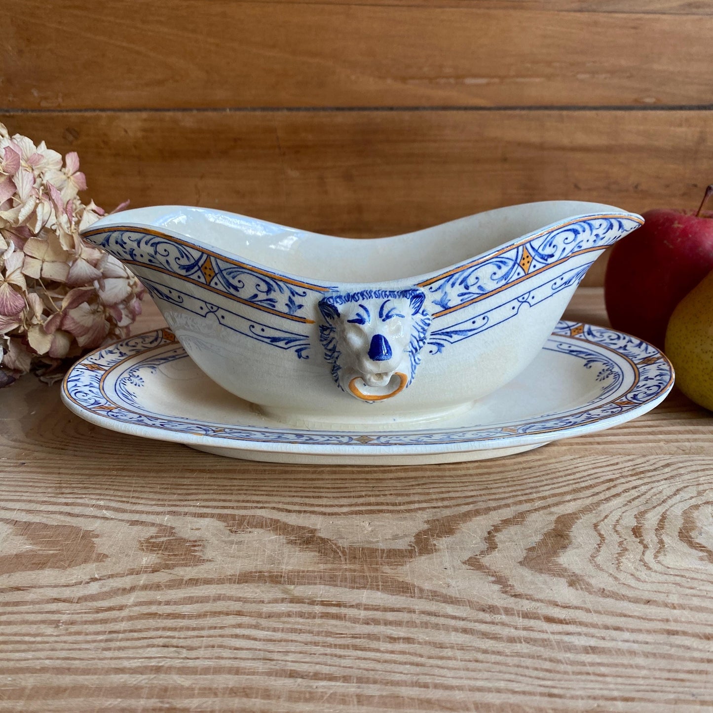 Creil Montereau Antique Ironstone Sauciere, Lion Head Handles, French Colbert Transferware