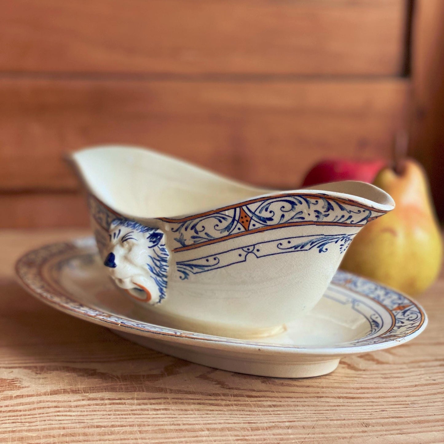 Creil Montereau Antique Ironstone Sauciere, Lion Head Handles, French Colbert Transferware